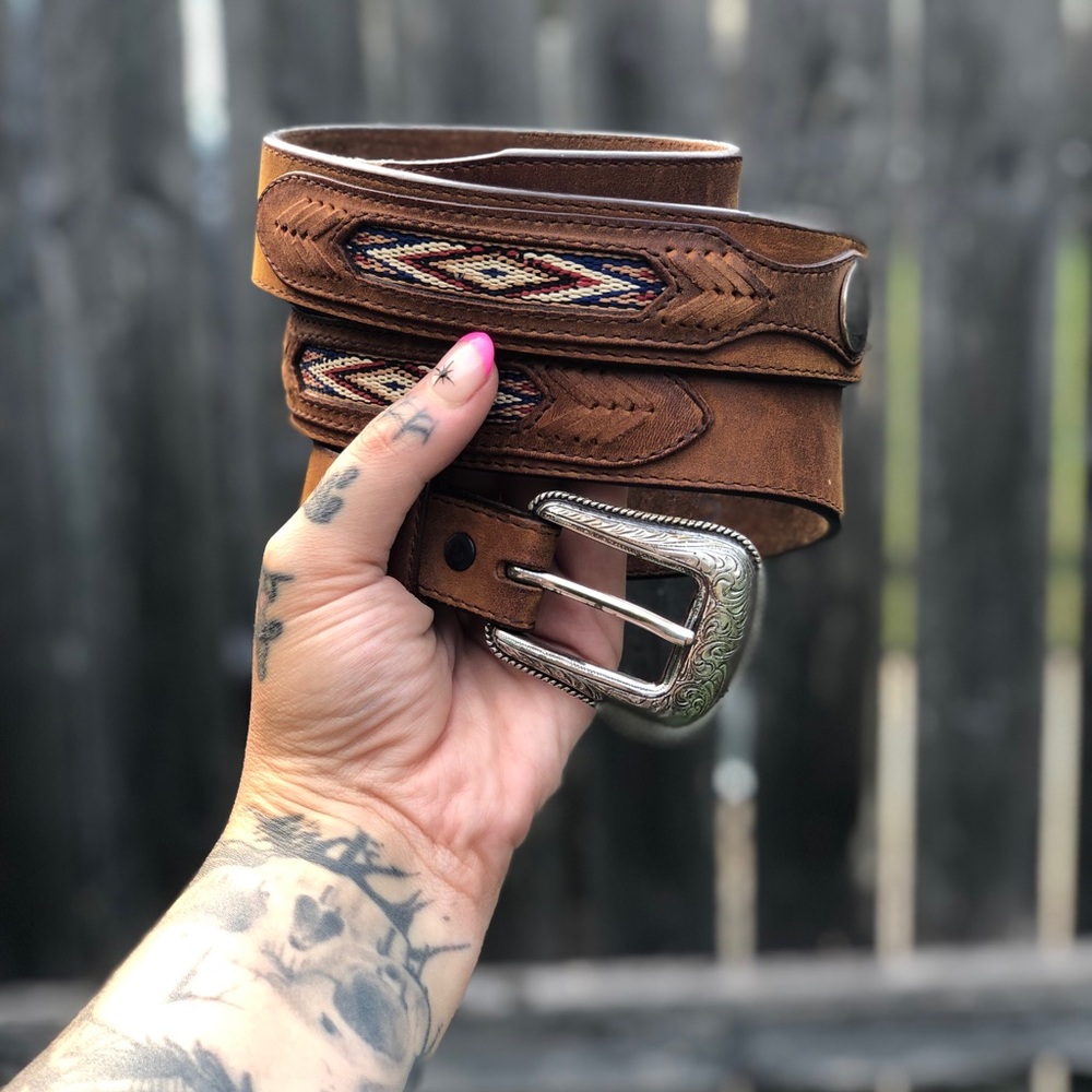 Orvis Brown Leather Belt with Southwestern Inlay and Silver Buckle